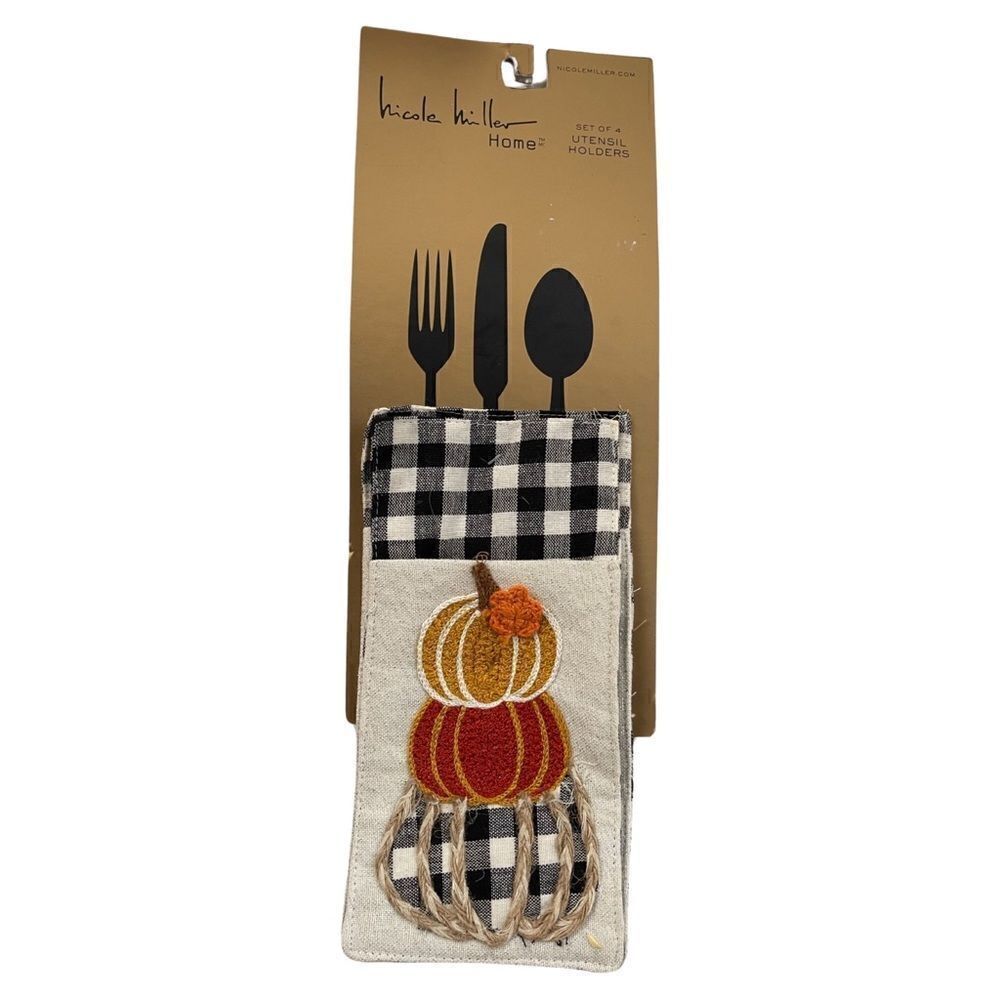 Nicole Miller Pumpkin Gourd Crewel Embroidered Utensil Holders Set of 4 NWT